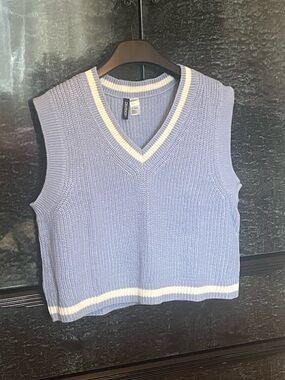 H&M Light Blue Knit V-Neck Sweater Vest with White Trim
